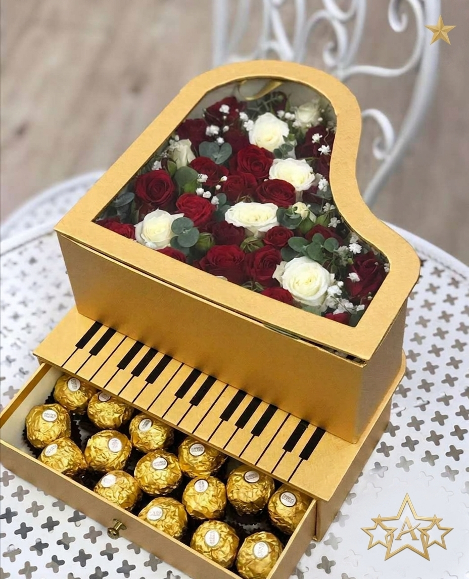 Luxury Piano Flower Box with Chocolate Drawer for Valentine’s Day Gifts
