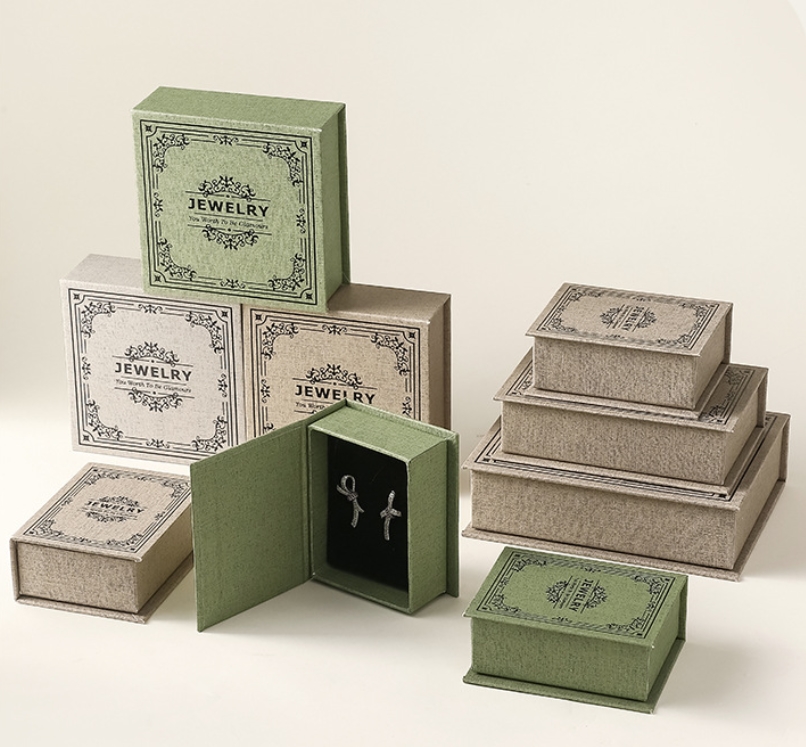 Luxury Jewelry Packaging Box with Linen Texture and Gift Bag