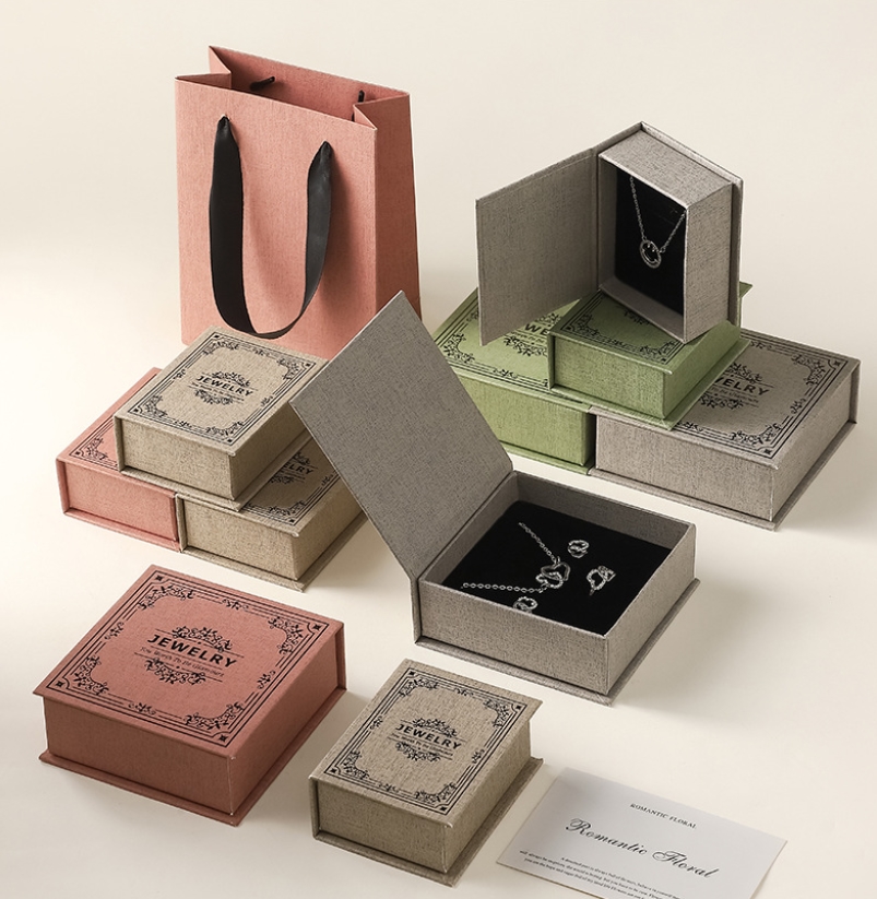 Luxury Jewelry Packaging Box with Linen Texture and Gift Bag