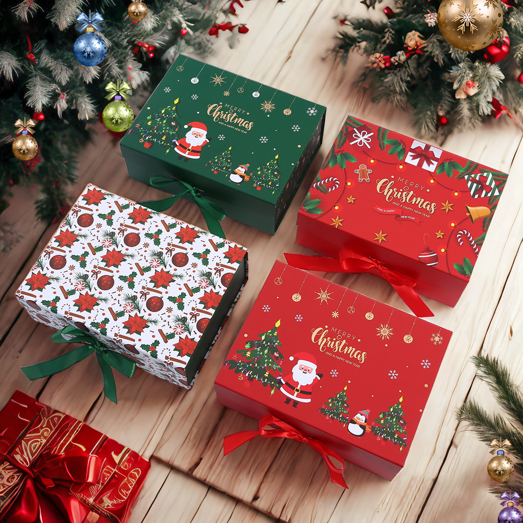 Christmas Magnetic Folding Gift Boxes with Ribbon, Collapsible Holiday Boxes Wholesale