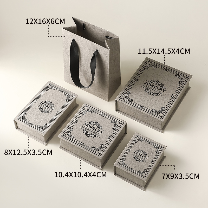 Luxury Jewelry Packaging Box with Linen Texture and Gift Bag - 图片 6