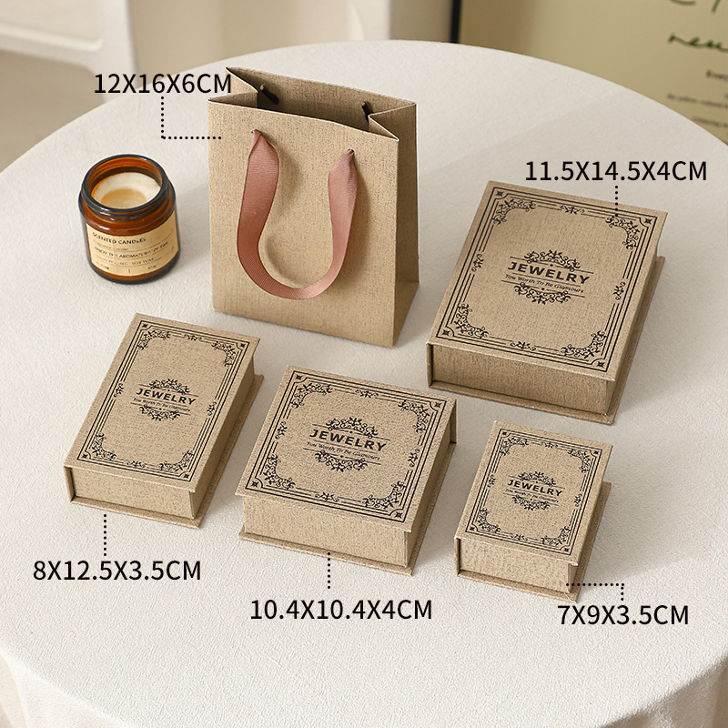 Luxury Jewelry Packaging Box with Linen Texture and Gift Bag - 图片 7