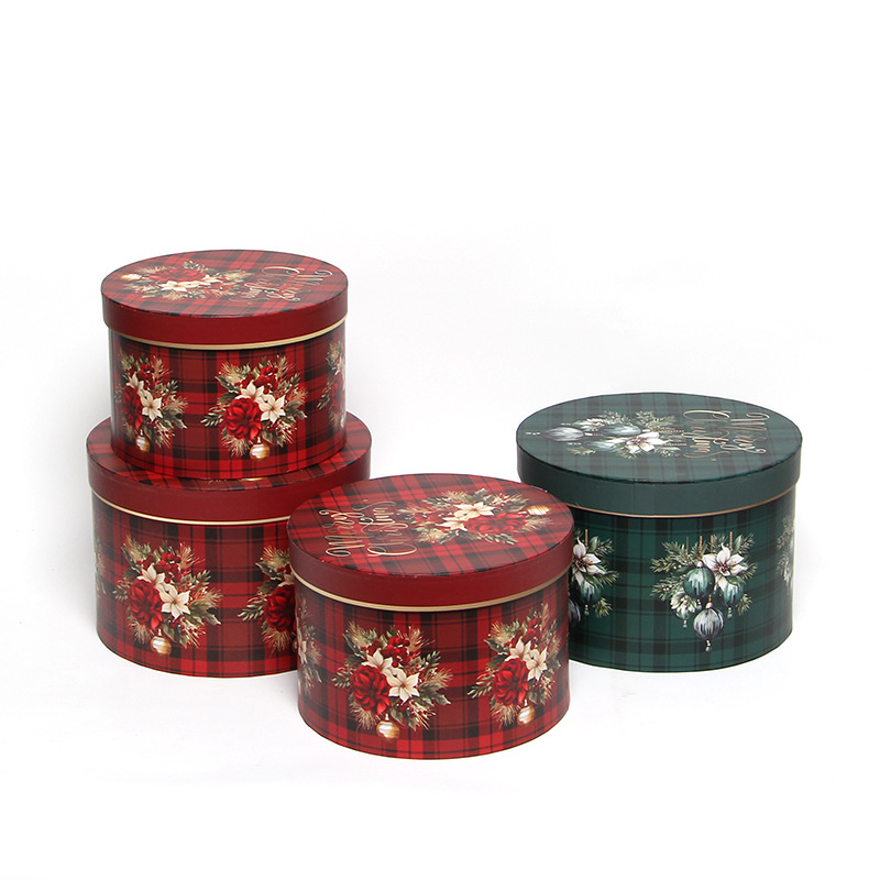Christmas Round Flower Boxes Set of 3, Plaid Nesting Holiday Gift Boxes Wholesale
