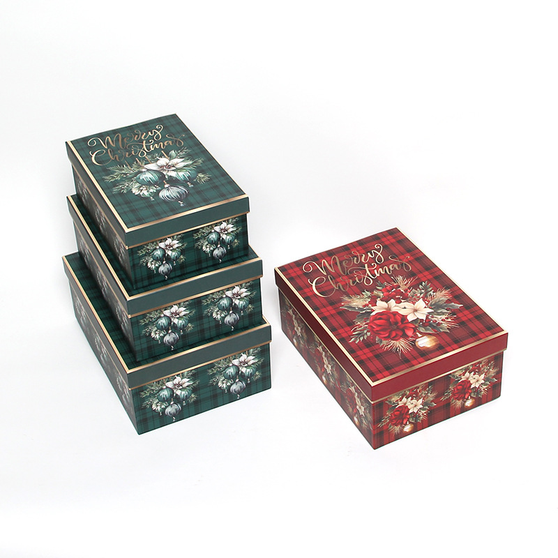 Christmas Rectangle Flower Boxes Set of 3, Plaid Nesting Holiday Gift Boxes Wholesale