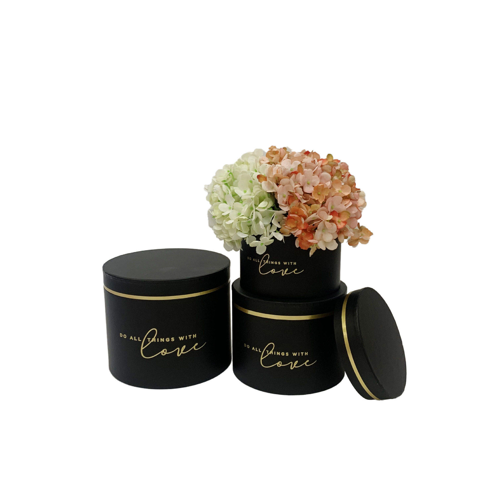 Round Floral Gift Boxes with Gold Rim | Decorative Cylindrical Nested Flower Boxes – Set of 3