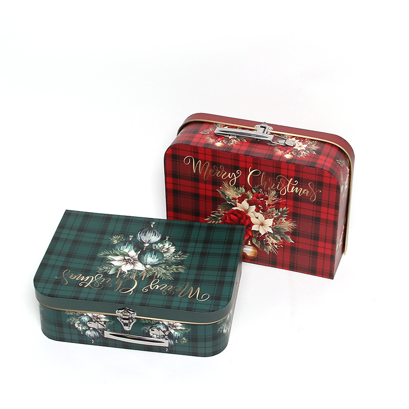 Christmas Plaid Suitcase Gift Boxes with Handles, Vintage Holiday Floral Packaging Wholesale