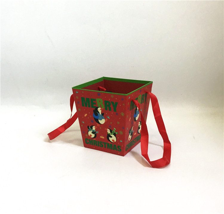 Christmas Flower Packaging Boxes with Ribbon Handles, Trapezoid Holiday Floral Gift Basket Wholesale - 图片 4