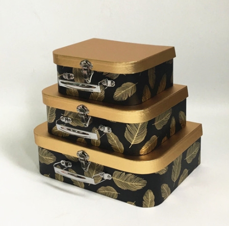 Black and Gold Cardboard Suitcase Boxes, Luxury Palm Leaf Floral Packaging Wholesale Set of 3