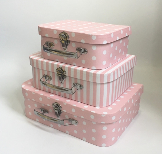 Decorative Paper Suitcase Gift Boxes Set of 3, Retro Polka Dot Nesting Storage Boxes