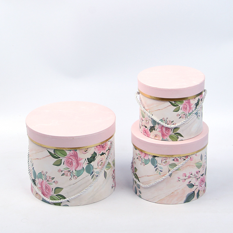 Gold Foil Marble Round Cardboard Boxes Set of 3, Rope Handle Flower Box Wholesale