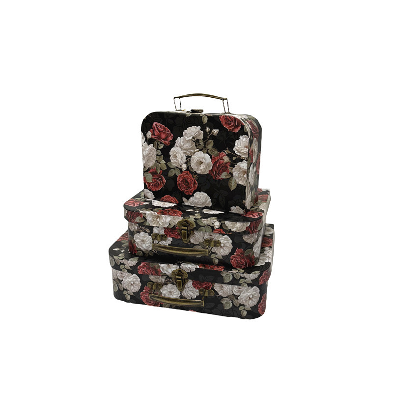 Vintage Rose Cardboard Suitcase Boxes, Assorted Floral Bouquet Packaging Wholesale Set of 3