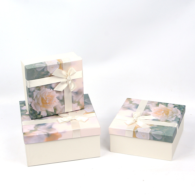 Oil Painting Floral Square Cardboard Boxes Set of 3, Ribbon Bow Gift Box Wholesale - 图片 3