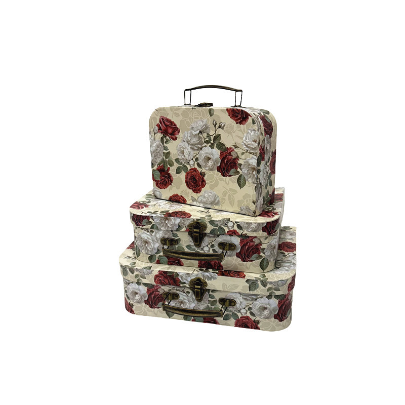 Vintage Rose Cardboard Suitcase Boxes, Assorted Floral Bouquet Packaging Wholesale Set of 3 - 图片 3
