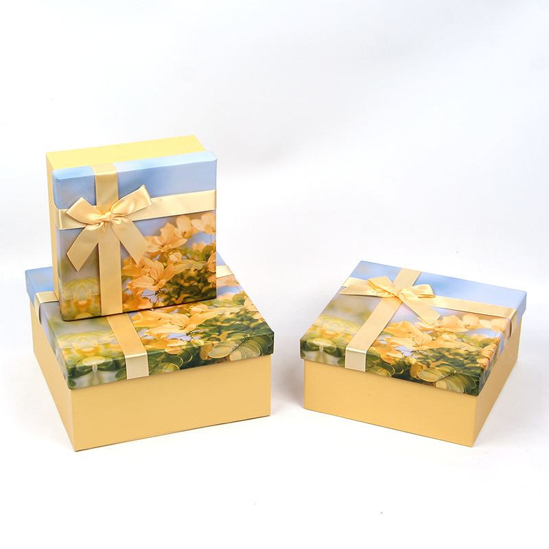 Oil Painting Floral Square Cardboard Boxes Set of 3, Ribbon Bow Gift Box Wholesale - 图片 4