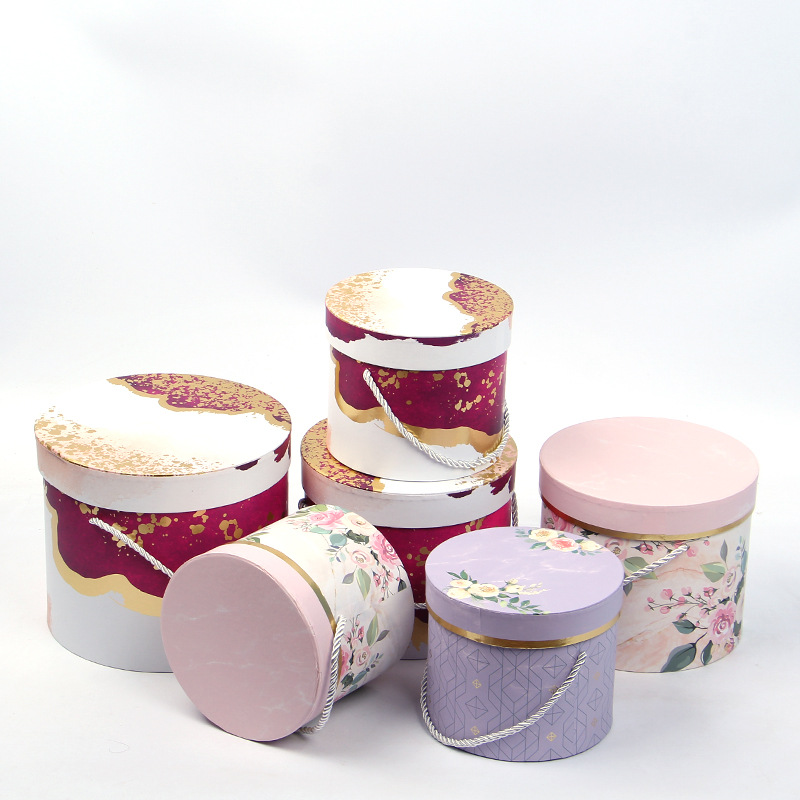 Gold Foil Marble Round Cardboard Boxes Set of 3, Rope Handle Flower Box Wholesale