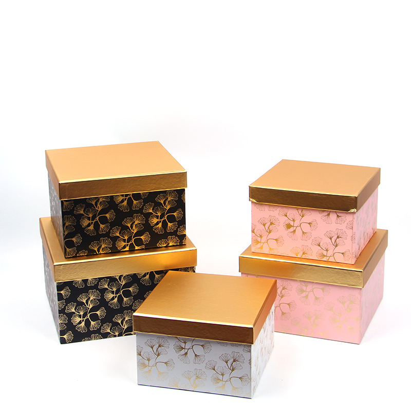 Gold Leaf Square Cardboard Boxes Set of 3, Luxury Gift Box with Metallic Lid Wholesale