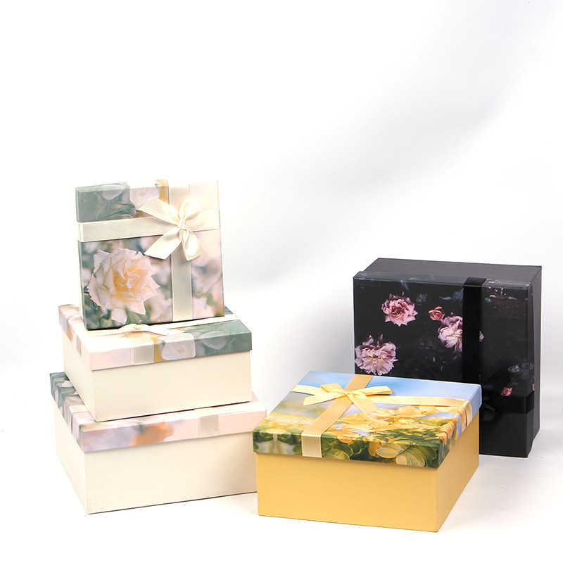 Oil Painting Floral Square Cardboard Boxes Set of 3, Ribbon Bow Gift Box Wholesale
