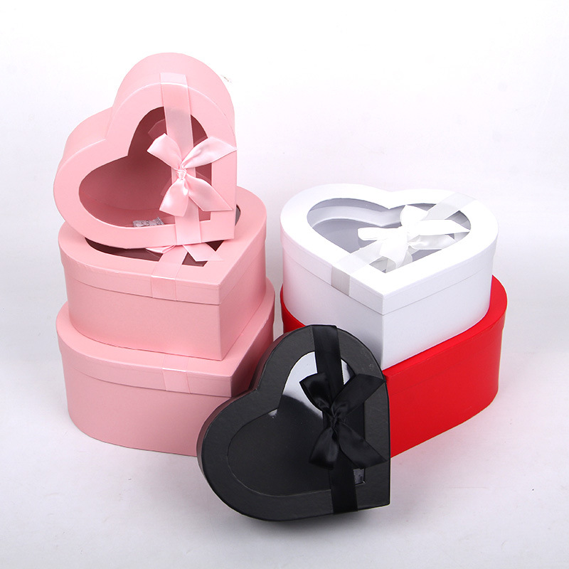 Heart Shaped Gift Boxes with Window and Ribbon Set of 3, Luxury Flower Box Wholesale
