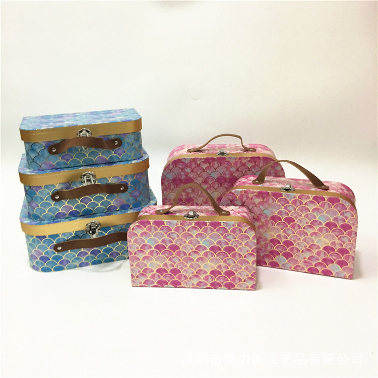 Mermaid Scale Cardboard Suitcase Boxes, Leather Handle Bouquet Packaging Wholesale Set of 3