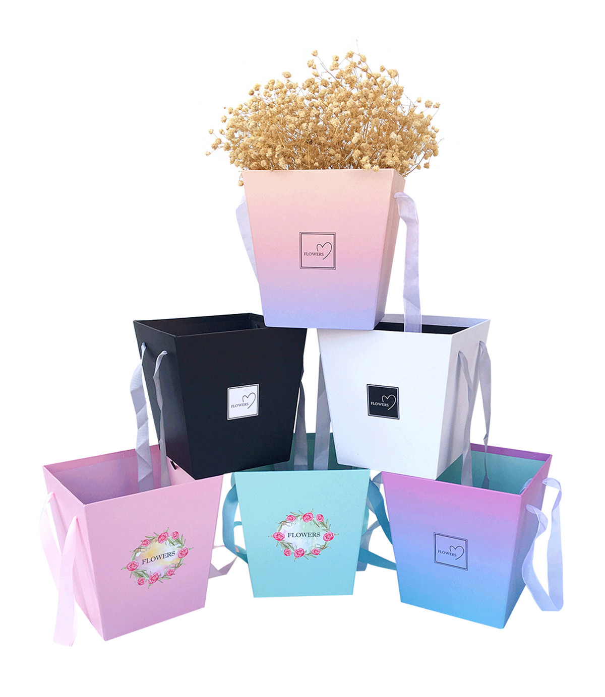 Trapezoid Flower Box with Ribbon Handle, Tapered Floral Paper Bag Wholesale