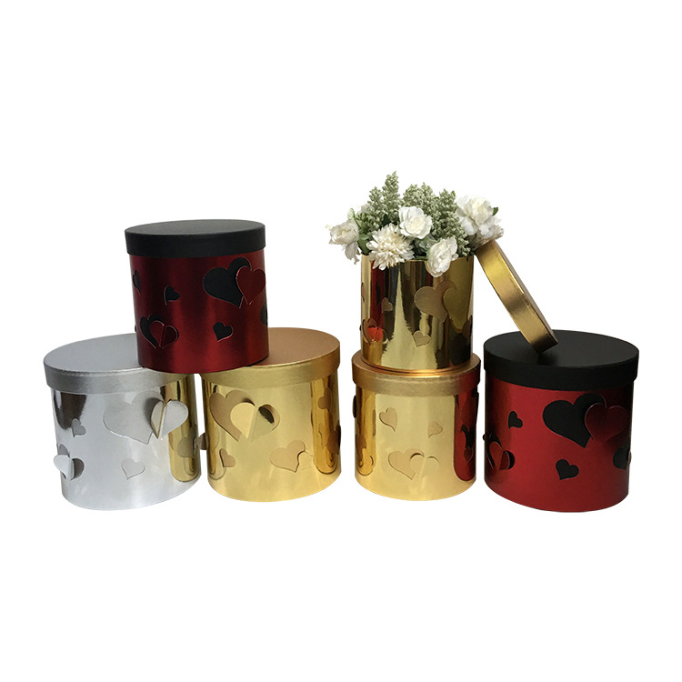 Round Flower Box with 3D Hearts, Metallic Cylinder Floral Gift Box Wholesale