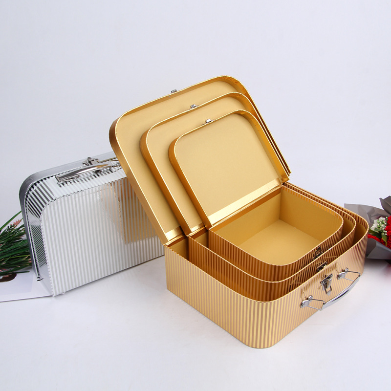Metallic Gold Cardboard Suitcase Boxes Set of 3, Ribbed Luxury Packaging Wholesale