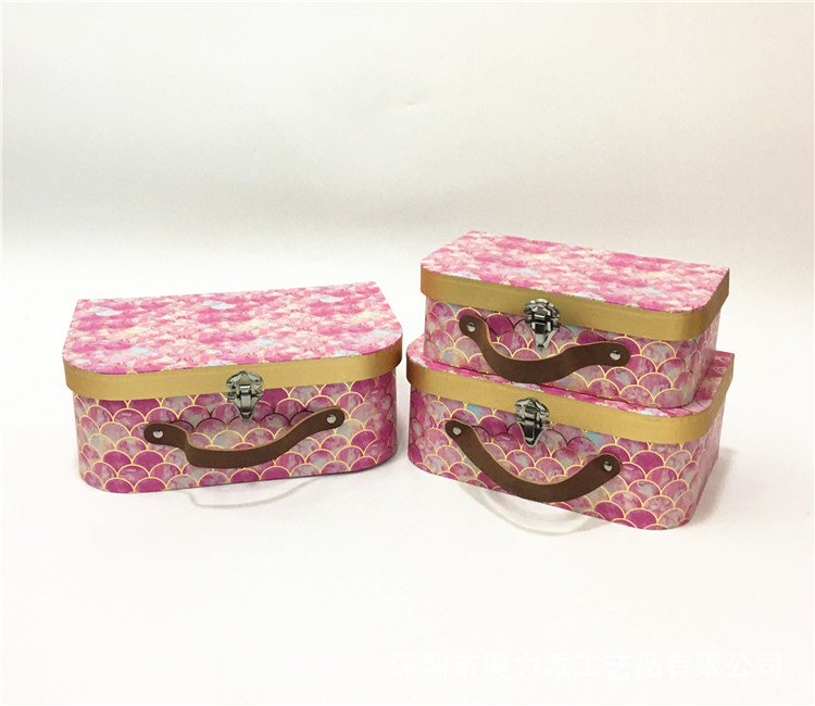 Mermaid Scale Cardboard Suitcase Boxes, Leather Handle Bouquet Packaging Wholesale Set of 3
