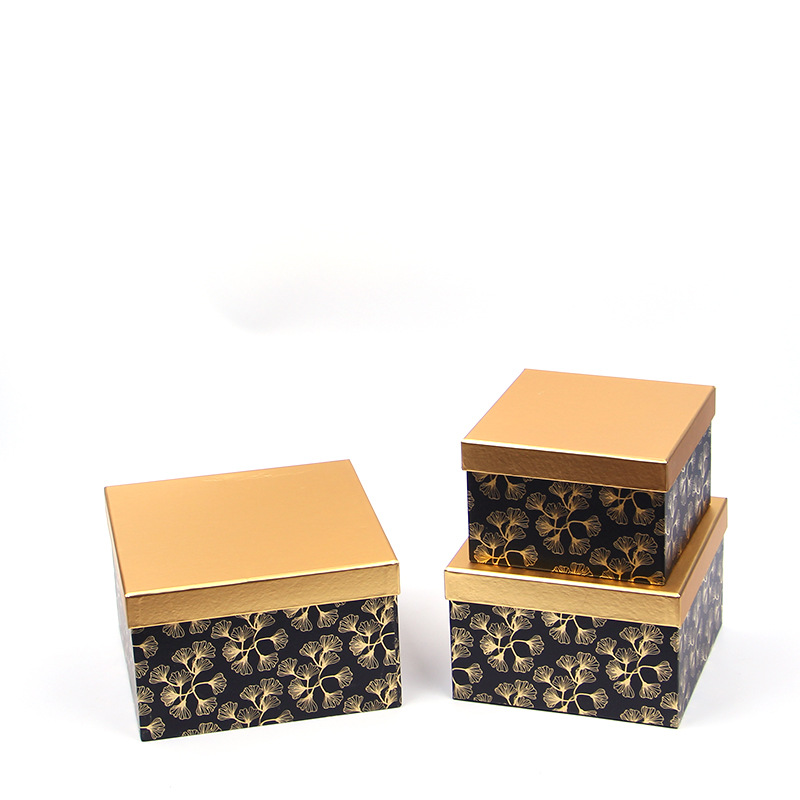 Gold Leaf Square Cardboard Boxes Set of 3, Luxury Gift Box with Metallic Lid Wholesale