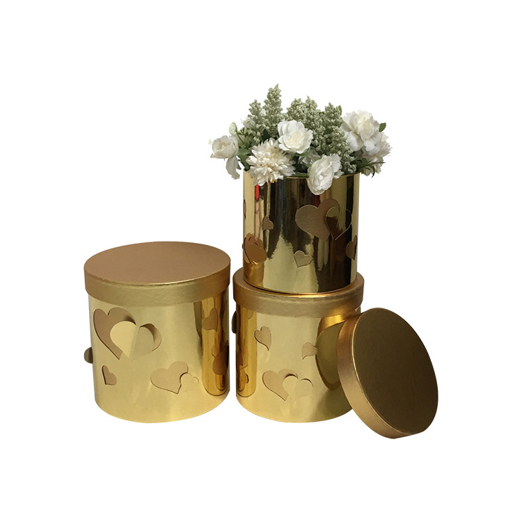 Round Flower Box with 3D Hearts, Metallic Cylinder Floral Gift Box Wholesale