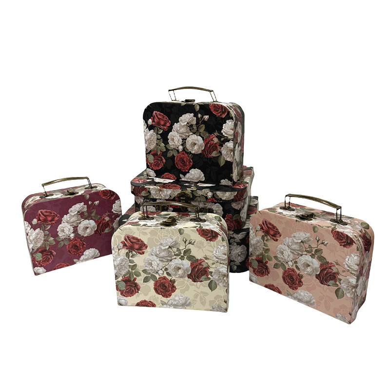 Vintage Rose Cardboard Suitcase Boxes, Assorted Floral Bouquet Packaging Wholesale Set of 3