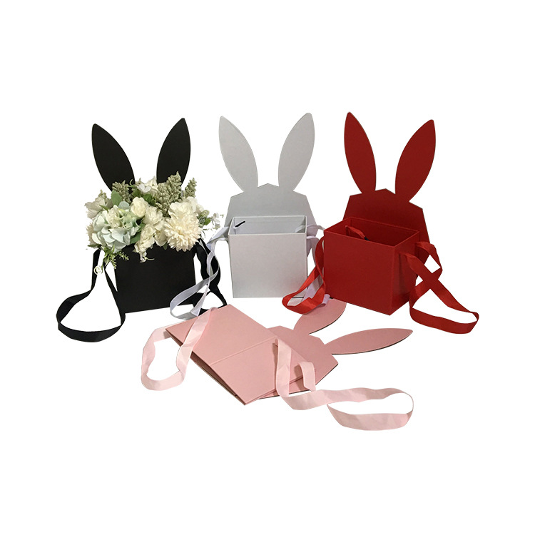 Collapsible Bunny Ears Flower Box with Ribbon Handles, Cute Gift Tote Wholesale