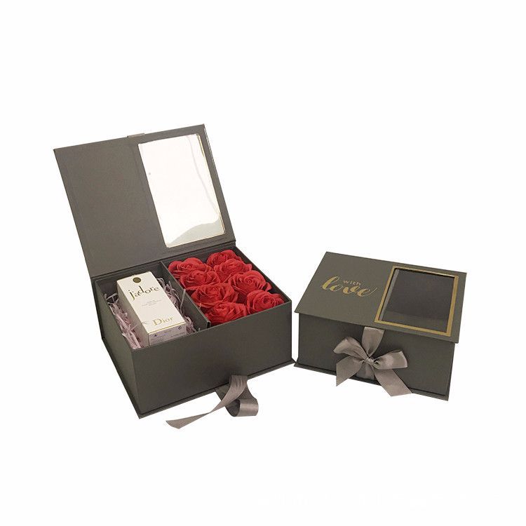 Luxury Ribbon Rose Box, Clear Window Gift Case for Perfume Set of 2