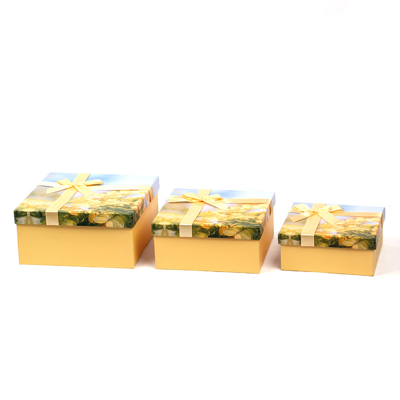 Oil Painting Floral Square Cardboard Boxes Set of 3, Ribbon Bow Gift Box Wholesale - 图片 6